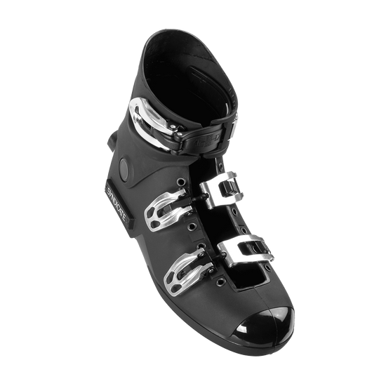 Angled view of the Syndicate Hardshell boot in black with silver buckles and rear release hardware.