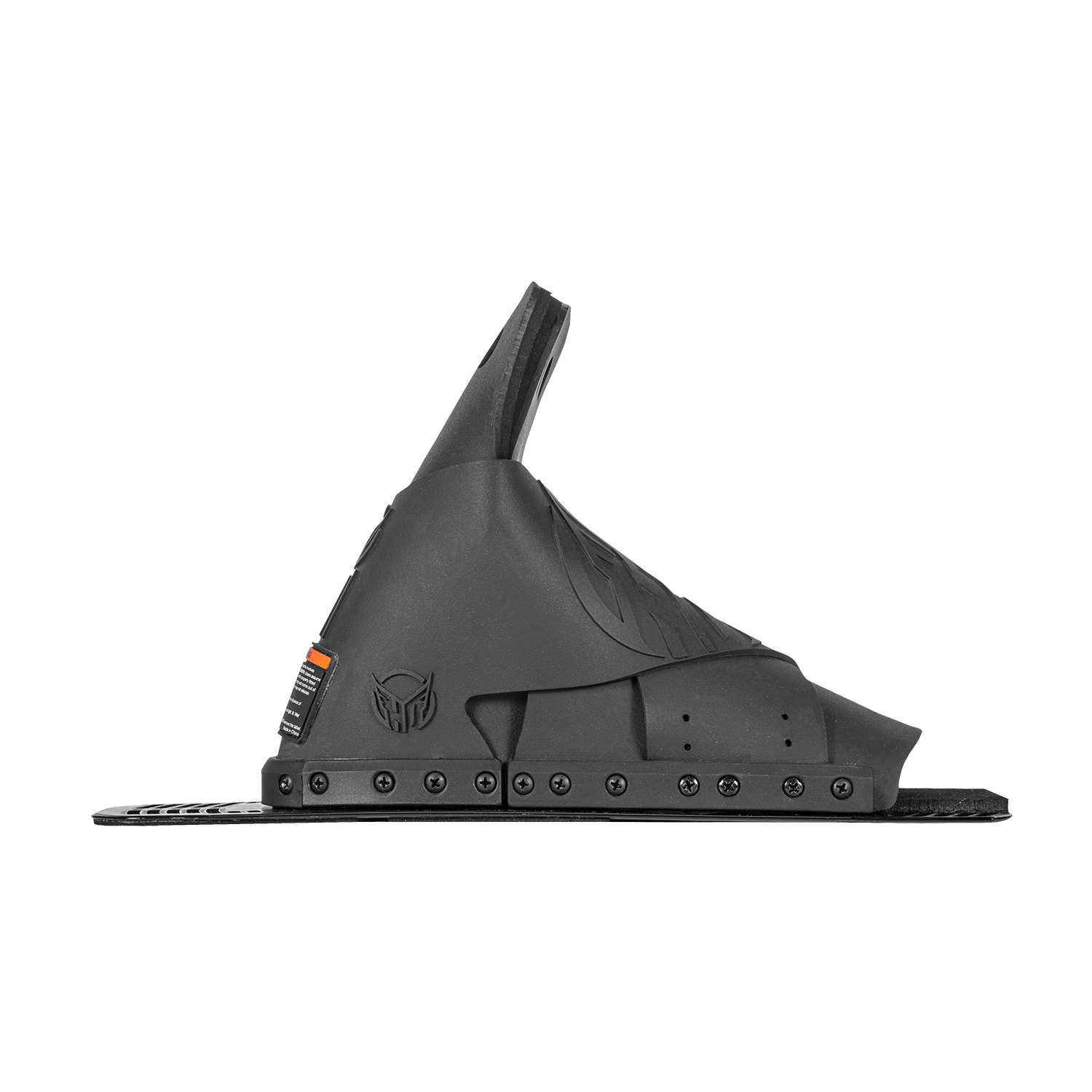 Side view of the black Venom Rear waterski binding with a sleek, molded design and adjustable heel support.