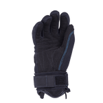 Palm view of the black Kids World Cup glove with reinforced stitching, padded grip, and an adjustable wrist strap.