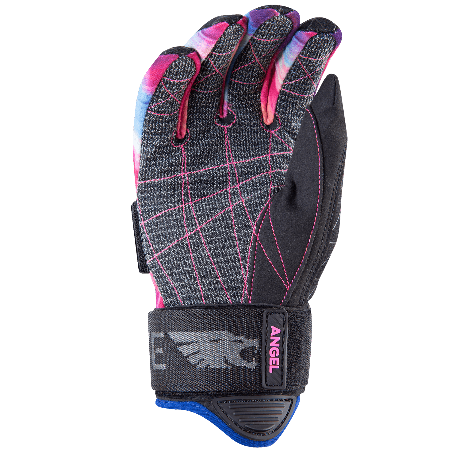 Palm view of the Syndicate Angel glove, featuring a black and gray textured palm, pink stitching, and tie-dye fingertips.