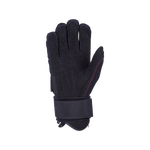 Palm view of Womens World Cup glove in black with reinforced grip stitching, a wrist strap, and subtle pink accents.