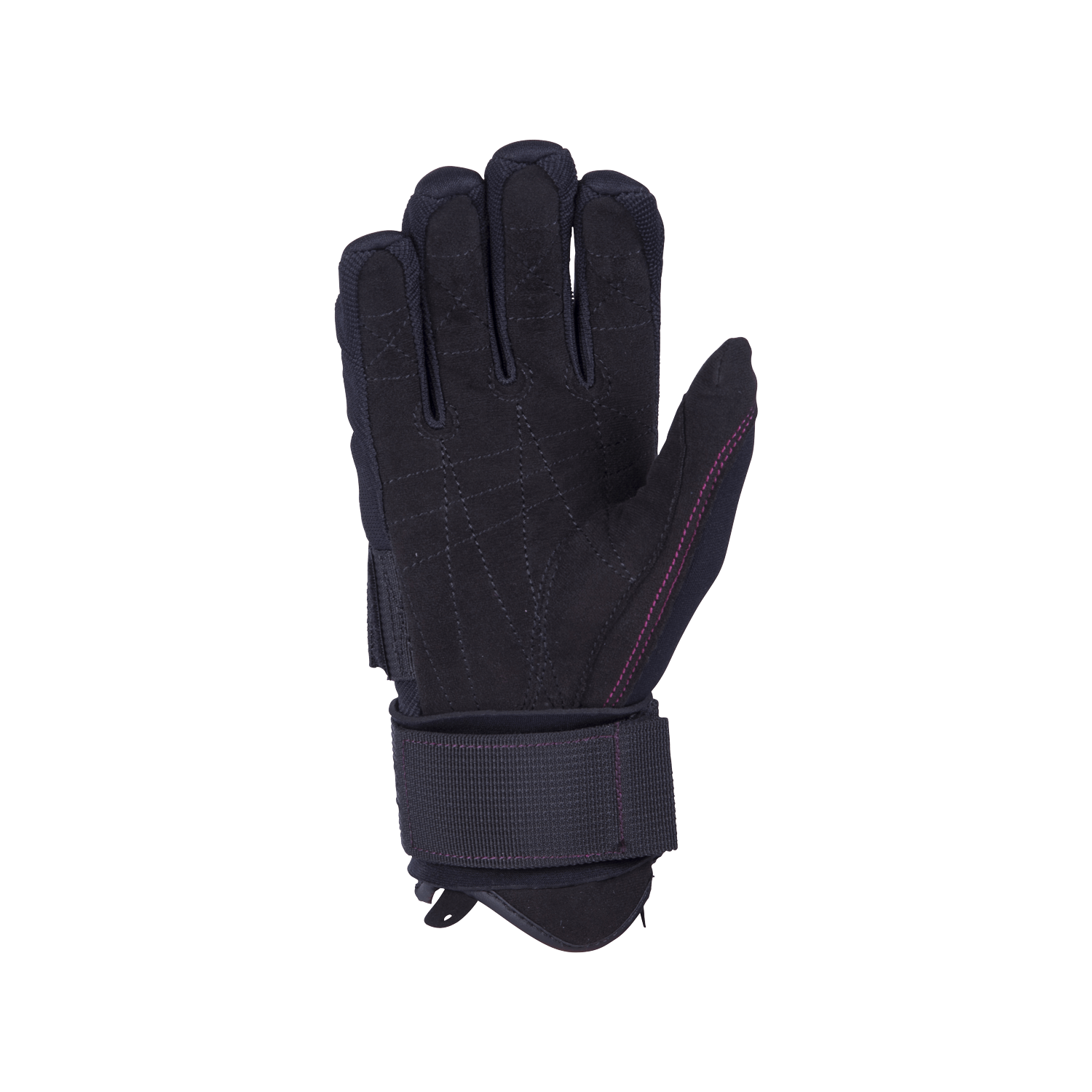 Palm view of Womens World Cup glove in black with reinforced grip stitching, a wrist strap, and subtle pink accents.