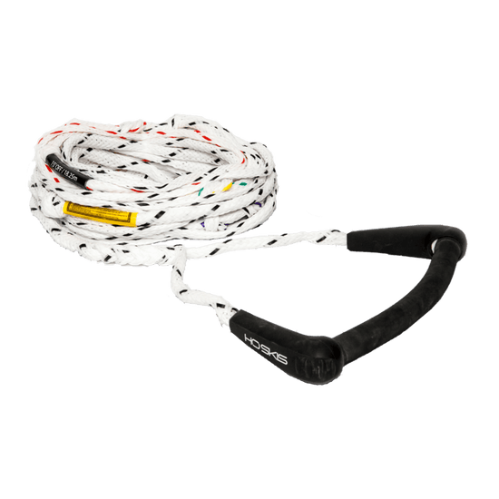 White LTD rope with a curved black ARC handle, featuring black end caps and multi-colored weave accents.