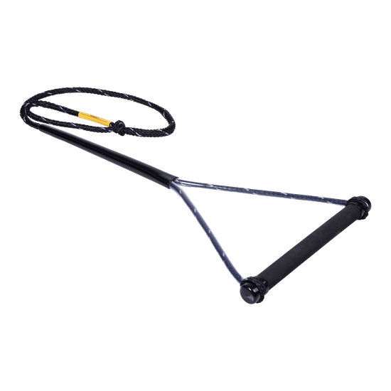 Angled view of the Syndicate Pro Handle, a black waterski handle with a textured grip and a braided mainline rope.