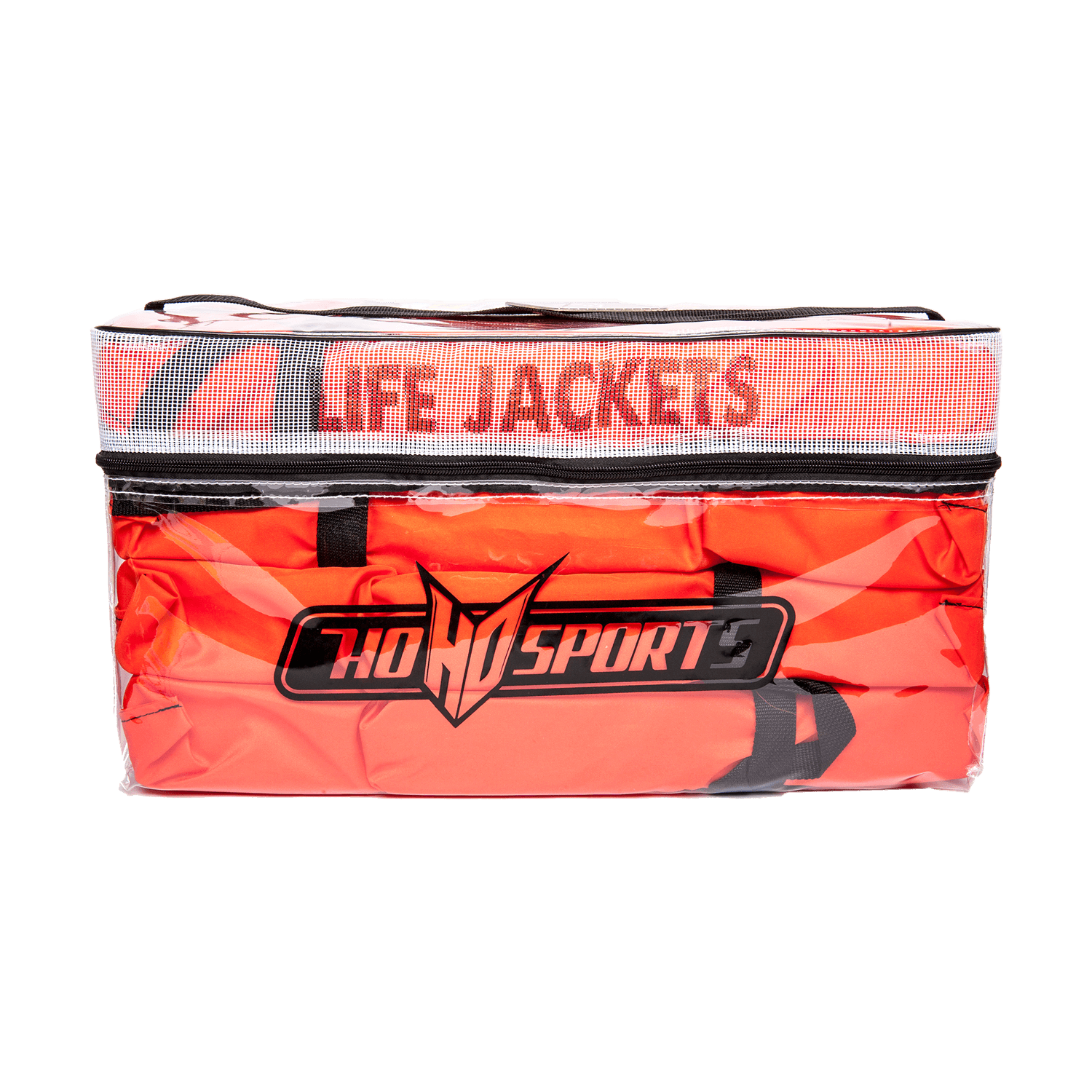 Front view of the HO 4 Pack AK-1 Vests, four bright orange life jackets stored in a clear zippered carrying bag.