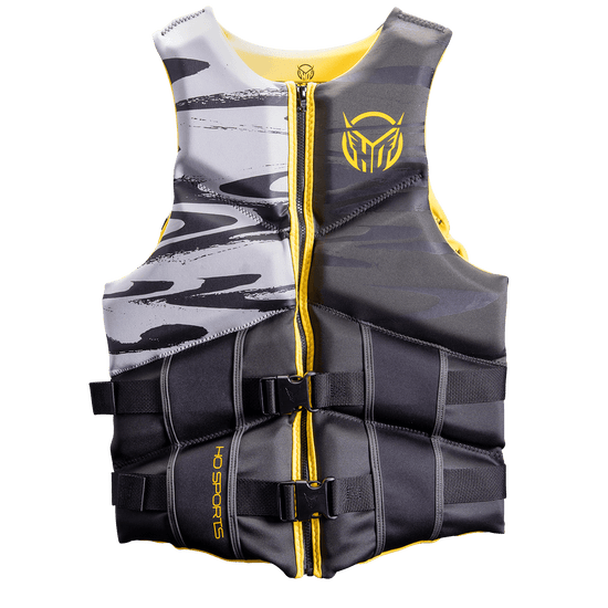 Front view of the Men’s Mission life vest in black, gray, and yellow with a zippered closure, dual buckles, and camo pattern.