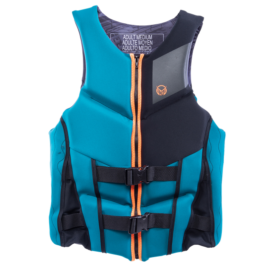 Front view of the Men’s Phoenix life vest in teal and black with orange zipper, dual buckles, and segmented foam panels.