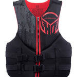Front of the Men’s Pursuit life vest in black with red accents, digital pixel pattern, zippered closure, and dual buckles.