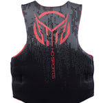 Back view of the Men’s Pursuit life vest featuring a red HO Sports logo over a digital pixel pattern on a black background.
