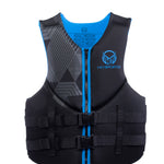 Front view of the Men’s Pursuit life vest in black with blue accents, geometric paneling, zippered closure, and dual buckles.