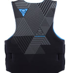 Back view of the Men’s Pursuit life vest featuring black geometric patterns and blue HO Sports branding.