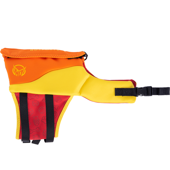 Side view of the Sage Neo Dog Vest in yellow and orange, showing the black logo, zippered pocket, and adjustable belly strap.