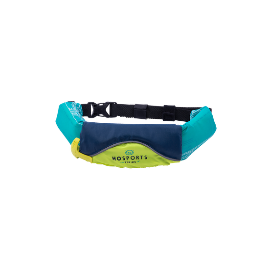 Side view of the jade Strike Manual Inflatable Belt Pack with a navy and lime green pouch and adjustable black strap.
