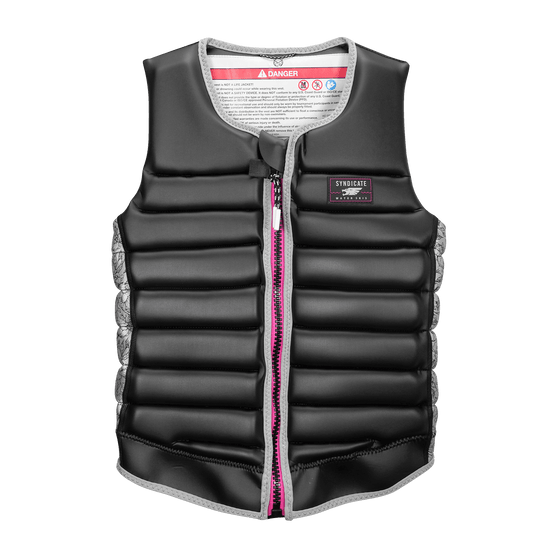 Front view of the black Syndicate Ethos vest, featuring padded horizontal panels, a pink zipper, and gray trim.