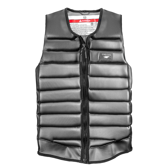 Front view of the Syndicate Pro Vest, a black padded waterski vest with a full-length zipper and horizontal foam panels.