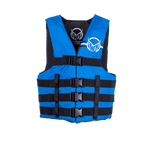 Front view of the Mens Universal Blue life vest with four black buckles, blue panels, and white HO Sports branding.