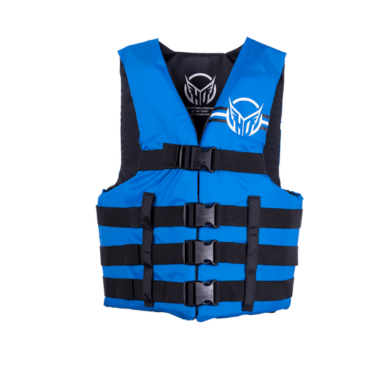 Front view of the Mens Universal Blue life vest with four black buckles, blue panels, and white HO Sports branding.