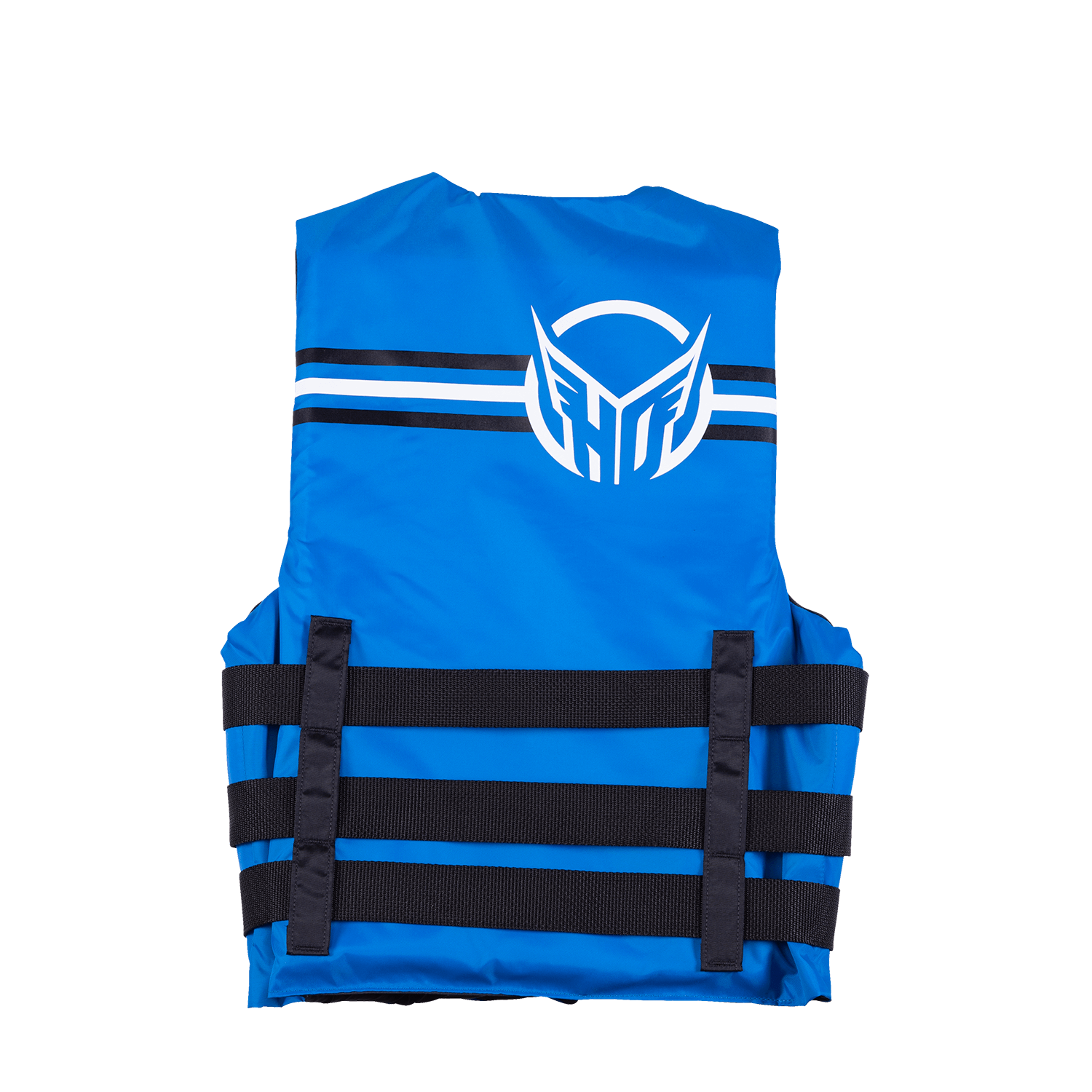 Back view of the Mens Universal Blue life vest with black and white stripes, HO Sports logo, and adjustable side straps.