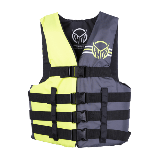 Front of Men's Universal Yellow/Ash life vest with a yellow and gray design, black buckles, adjustable straps, and logo.