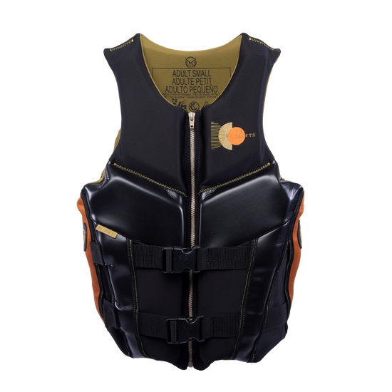 Front view of Womens Phoenix vest in black with metallic paneling, zippered closure, black straps, and orange side accents.
