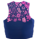 Back view of Womens Pursuit life vest in navy with pink floral patterns and a sleek, form-fitting design.