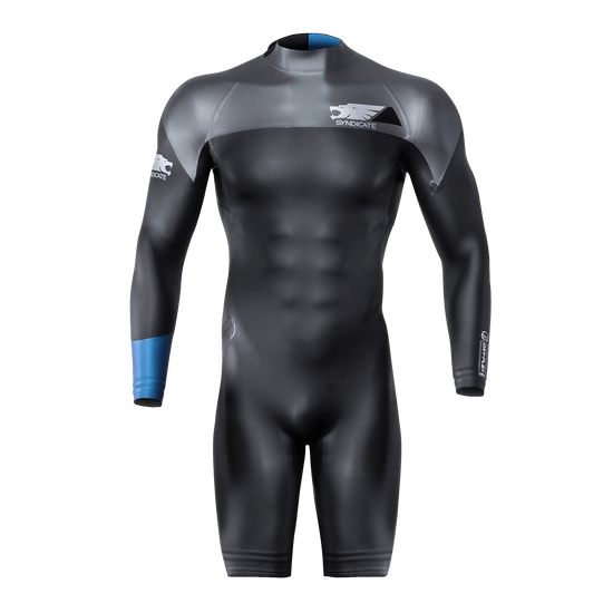 Front view of the Syndicate Dry-Flex Wetsuit Shorty, featuring a black and gray design with blue sleeve accents.