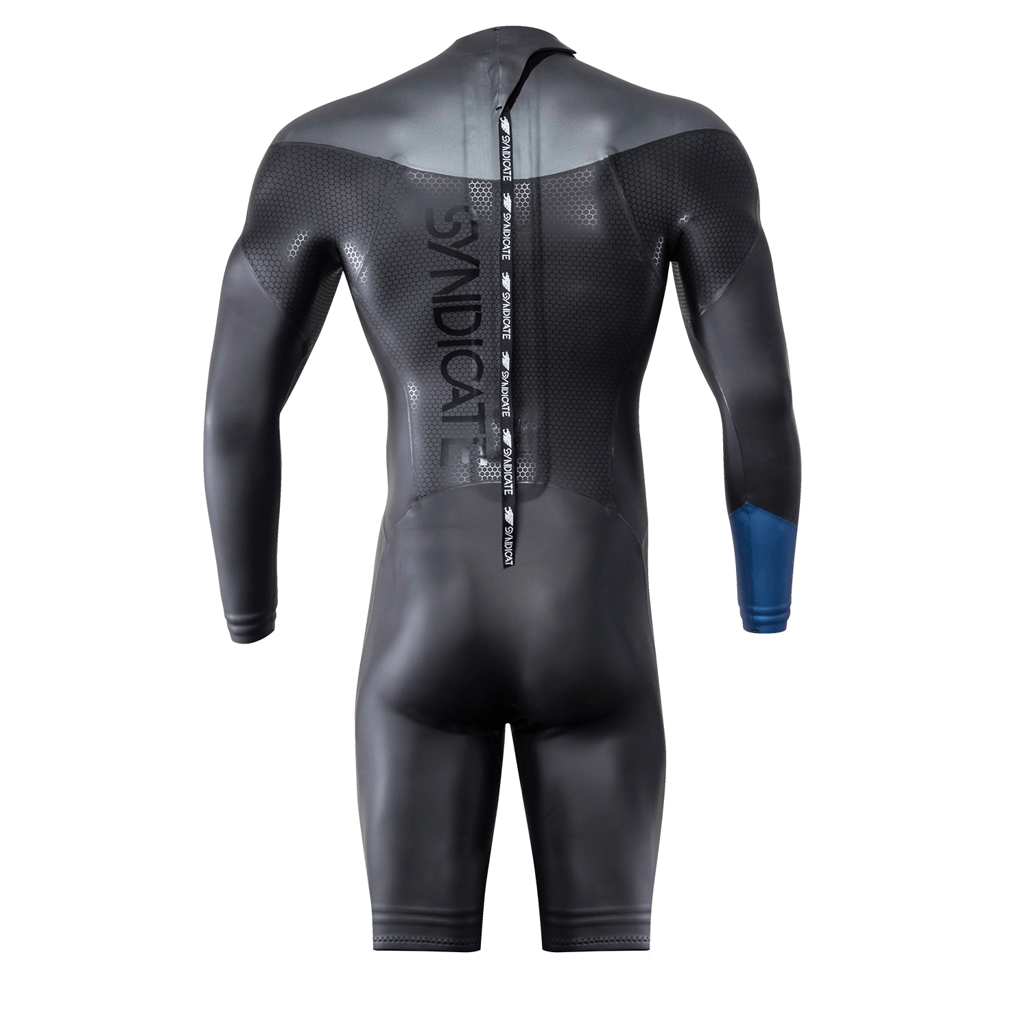 Back of the Syndicate Dry-Flex Wetsuit Shorty, highlighting the zippered closure, textured shoulder panel, and blue sleeve.