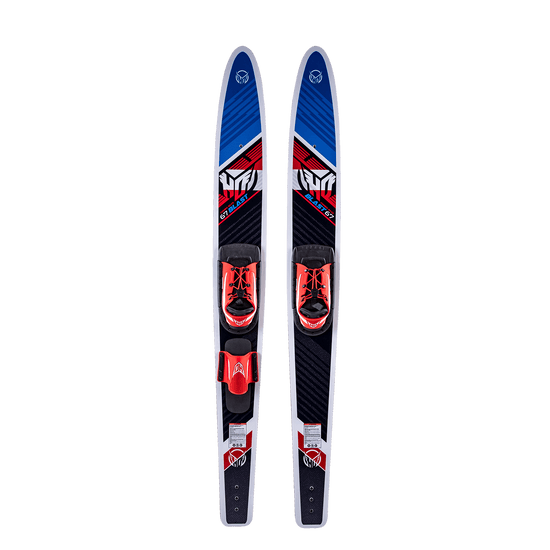 Top view of Blast Combos water skis with Blaze Boots, featuring a blue, red, and black graphic design and red bindings.