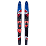 Top view of a pair of Blast Combo waterskis with a red, black, and blue design, featuring red bindings.