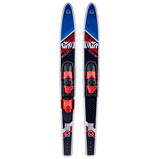 Top view of a pair of Blast Combo waterskis with a red, black, and blue design, featuring red bindings.