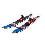 Angled side view of the Blast Combo waterskis, showing red bindings and a black stabilizer bar.