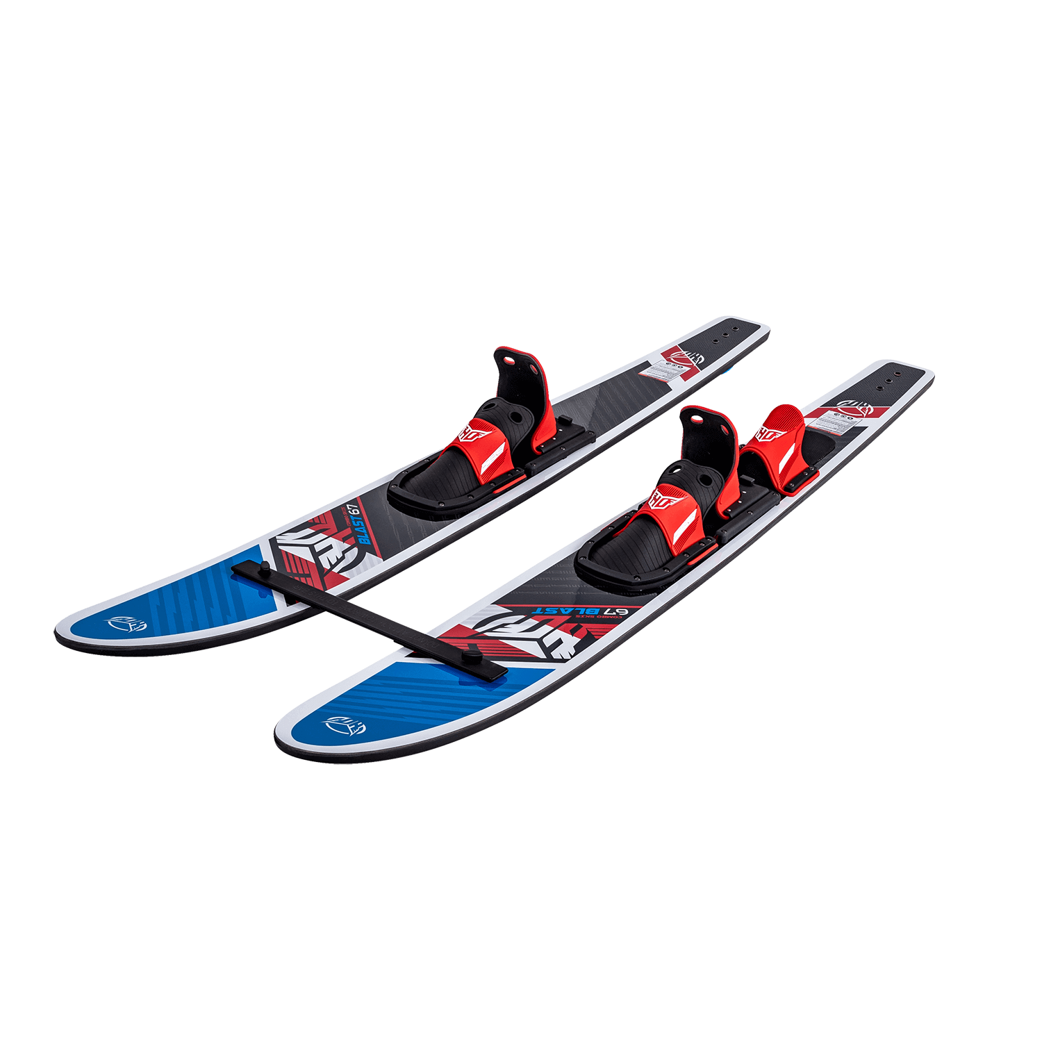 Angled side view of the Blast Combo waterskis, showing red bindings and a black stabilizer bar.
