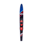 Top view of a single Blast Combo waterski with red bindings and a red, black, and blue design.