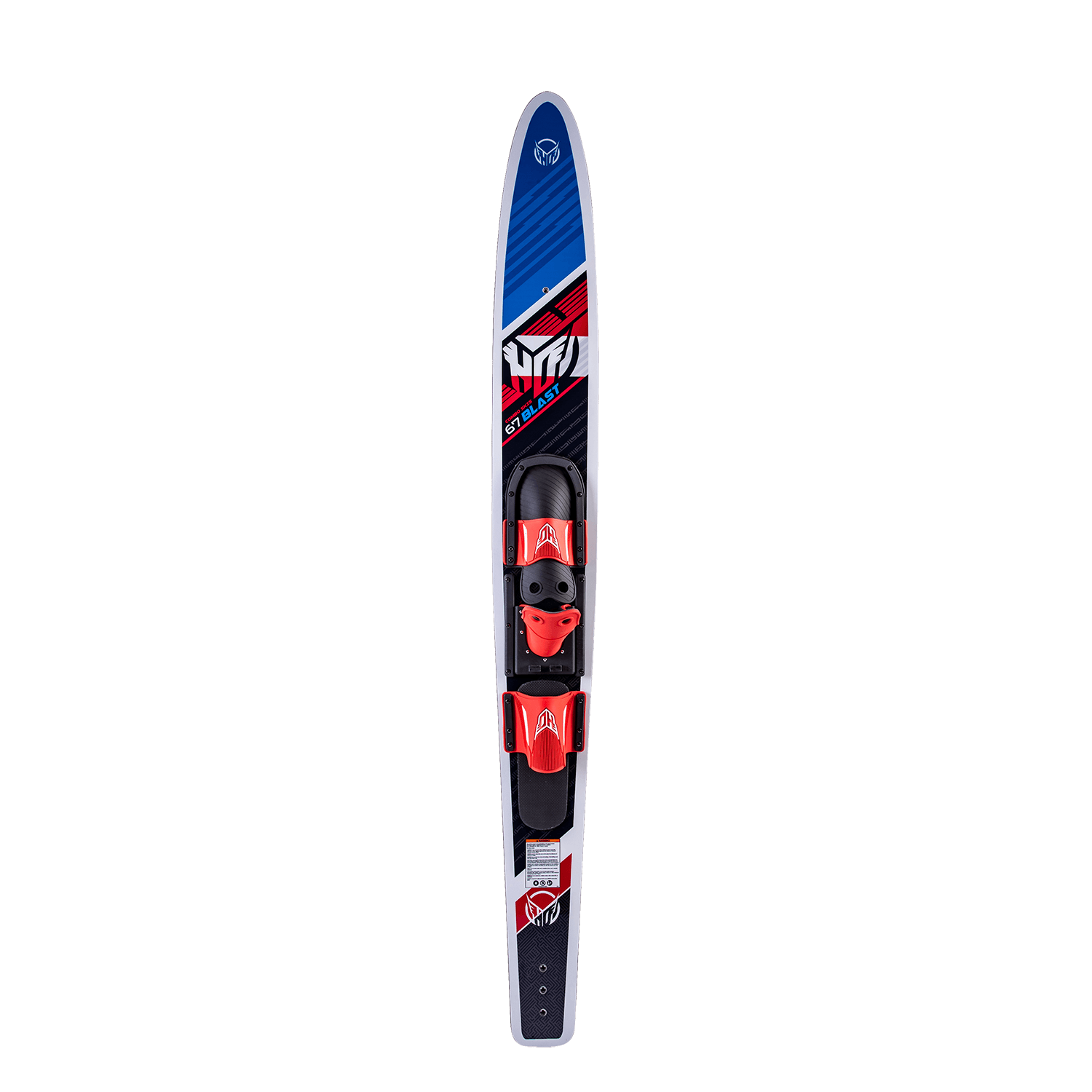Top view of a single Blast Combo waterski with red bindings and a red, black, and blue design.