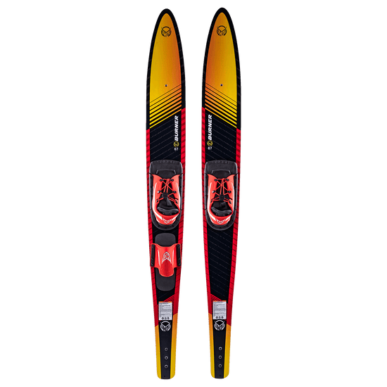 Top view of Burner Combos waterskis, showing Blaze boots and ski details.