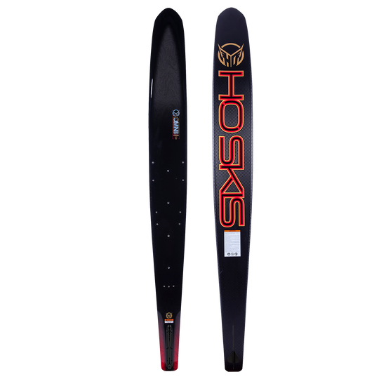 Side-by-side view of the top and base of the Carbon Omni 2023 Wide Edition waterski, highlighting the design on both sides.