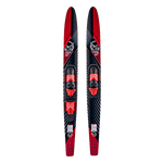 Top view of the Excel Combos waterskis, showing a matching black and red design with adjustable bindings.