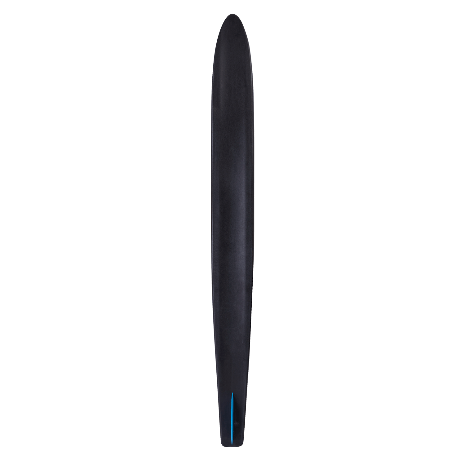 Bottom view of the Excel Combos waterski, showing a sleek black design with a narrow tail.