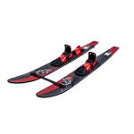 Angled view of the Excel Combos waterskis, featuring a black and red design with adjustable red bindings.