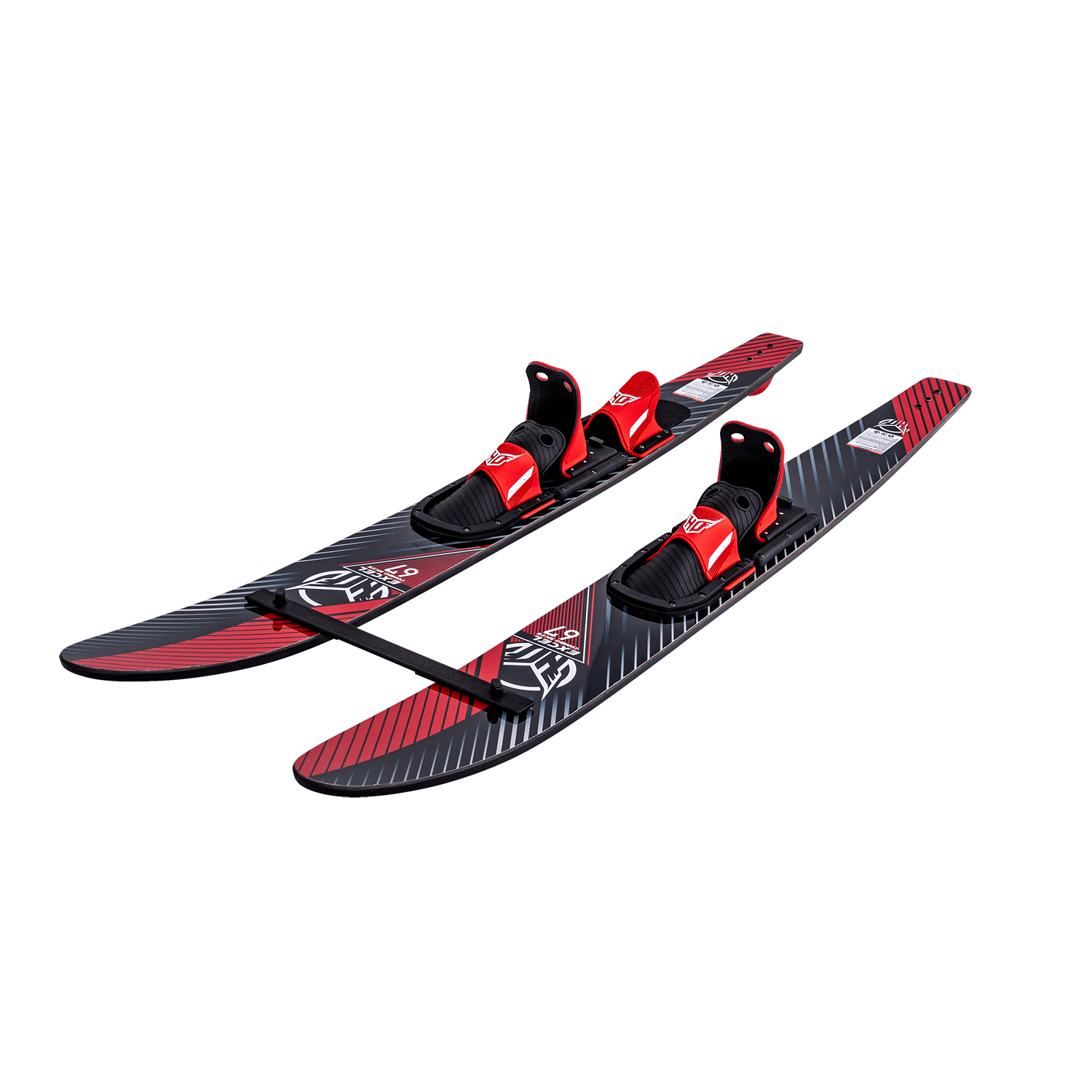 Angled view of the Excel Combos waterskis, featuring a black and red design with adjustable red bindings.
