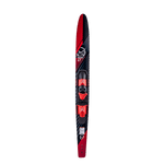 Top view of a single Excel Combos waterski, displaying its black and red pattern with dual bindings.
