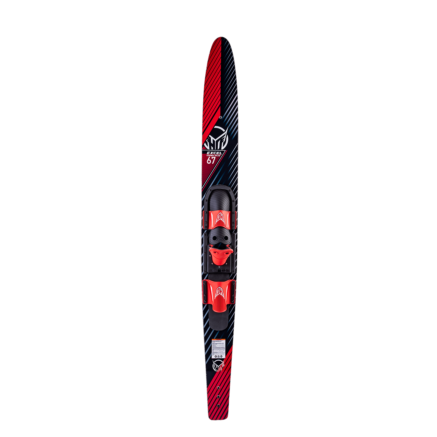 Top view of a single Excel Combos waterski, displaying its black and red pattern with dual bindings.