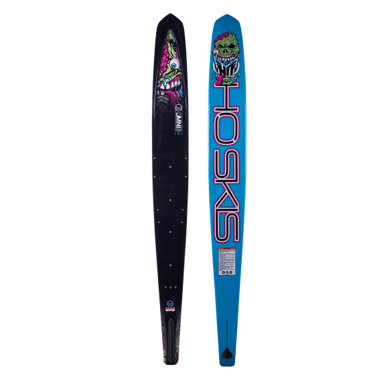 Top-down view of the Future Omni Monster 2023 water ski displaying the black deck and bold monster illustration.