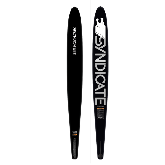 Top and bottom view of black water ski with a white and gray Syndicate logo.