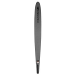 Top view of Syndicate Works 02 2024, a gray slalom ski with black branding near the tip.