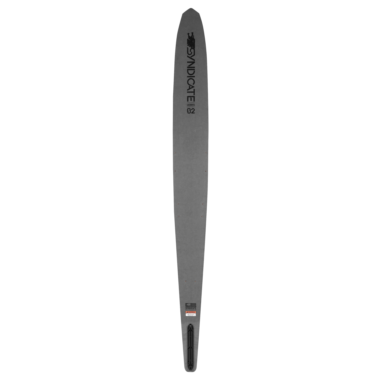 Top view of Syndicate Works 02 2024, a gray slalom ski with black branding near the tip.