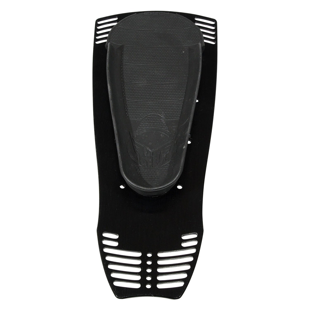 Top view of Stance Rear Plate with Footbed in black showing vented frame and embossed HO logo.