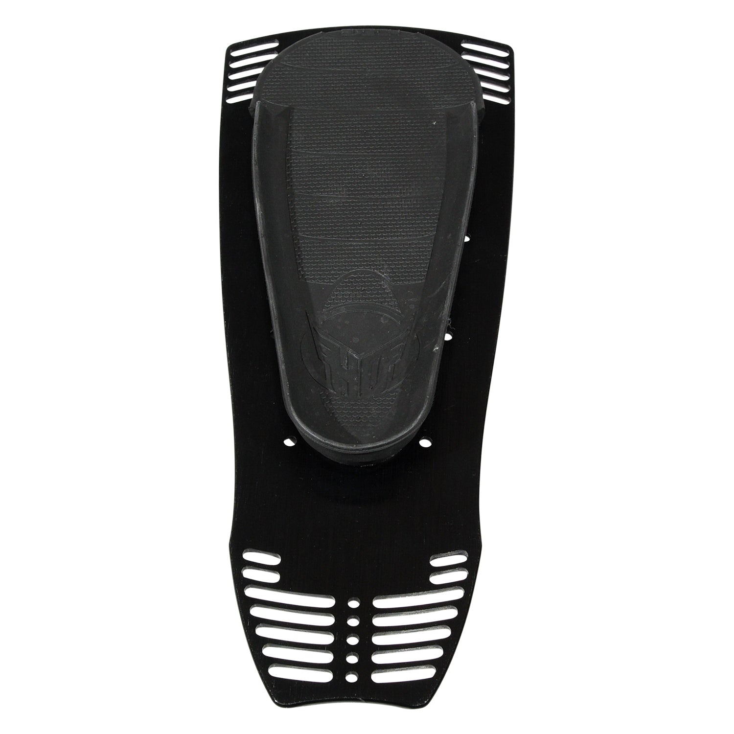 Top view of Stance Rear Plate with Footbed in black showing vented frame and embossed HO logo.