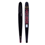 Side-by-side of Womens Carbon Omni 2023 ski showing the black top with subtle branding and base with bold pink text.