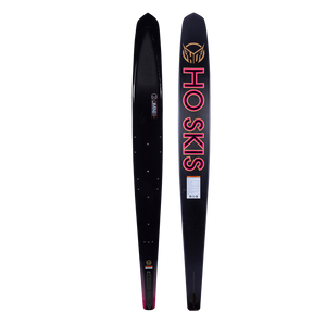 Side-by-side of Womens Carbon Omni 2023 ski showing the black top with subtle branding and base with bold pink text.